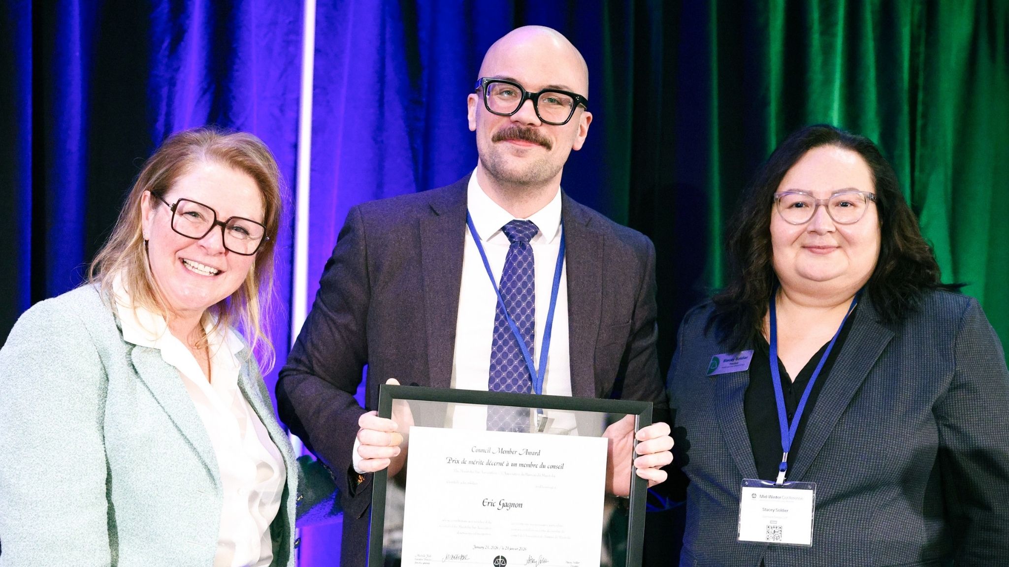 Eric Gagnon receiving the Manitoba Bar Association Council Member Award at the Mid‑Winter Awards Conference.