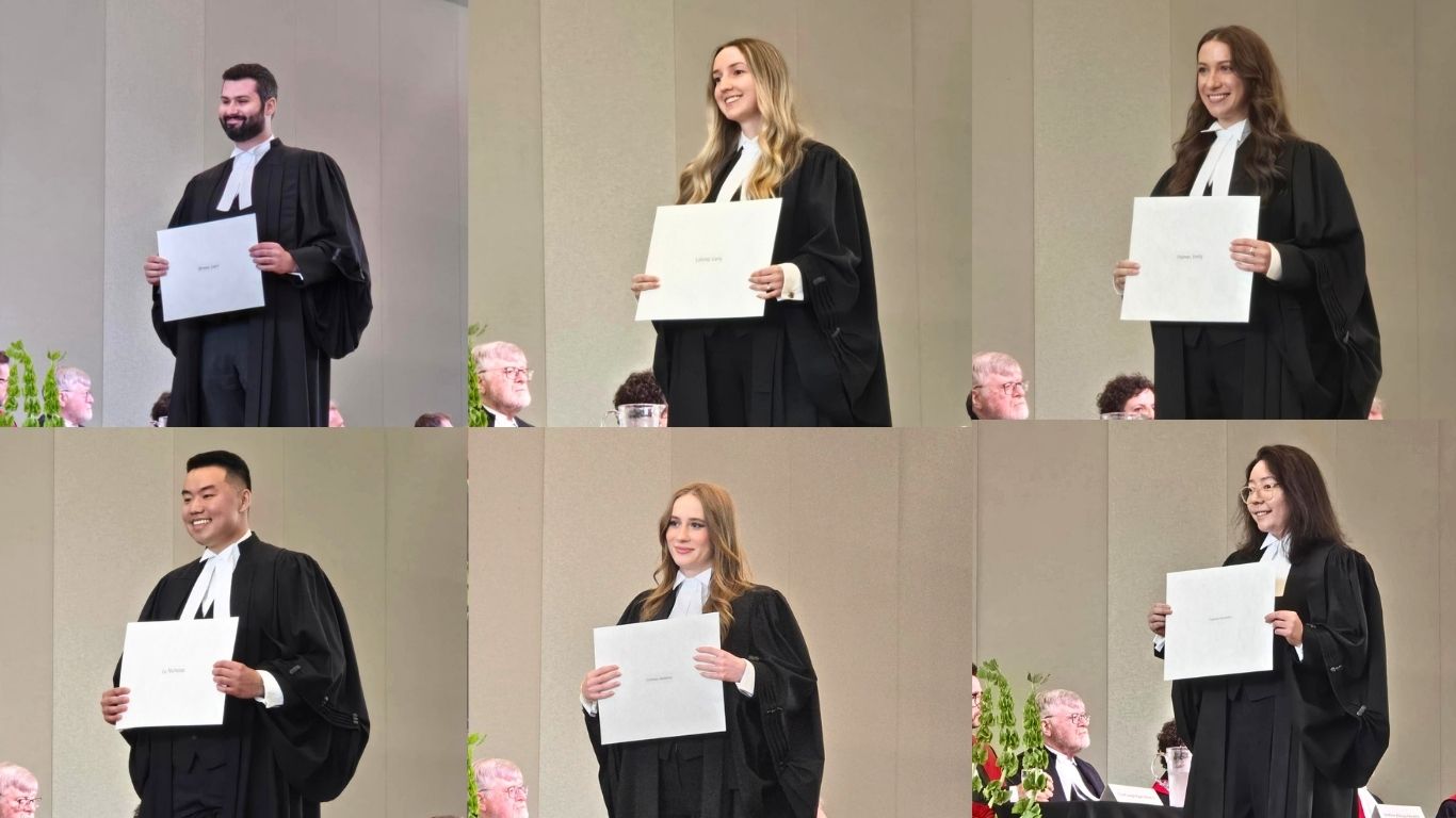 A six-panel photo collage showing individual shots of each new TDS law associate standing on a stage during their Call to the Bar ceremony, smiling proudly while wearing legal robes and holding up their certificates.